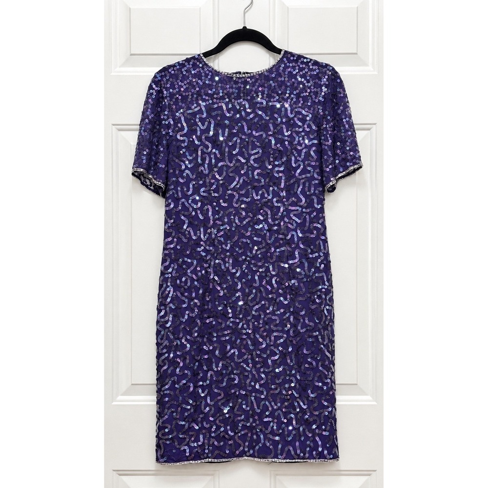 Vintage Purple Sequin Silk Sheath Dress P6 Short Sleeve Cocktail Formal Event